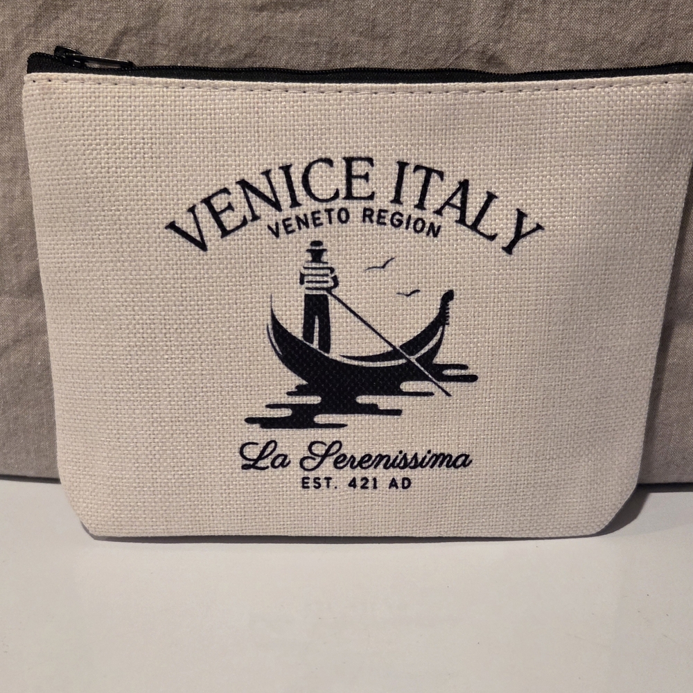 Cream Venice Italy Canvas Cosmetic Pouch